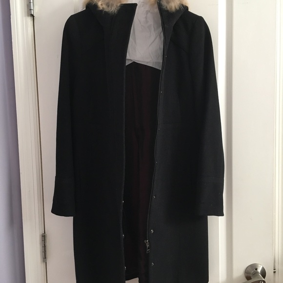 MARC New York black fur trim hooded wool coat zipper and snap closure pockets - Picture 8 of 16